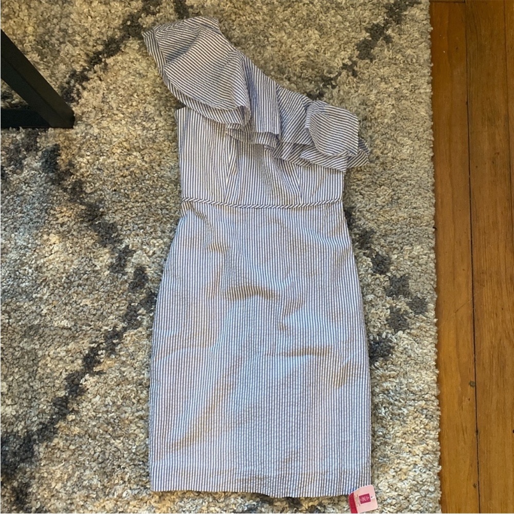 J.Crew one shoulder ruffle seersucker blue and white stripe dress XXS